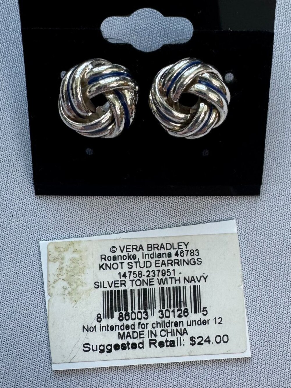 Vera Bradley Knot Stud Earrings Silver Tone Navy NWT